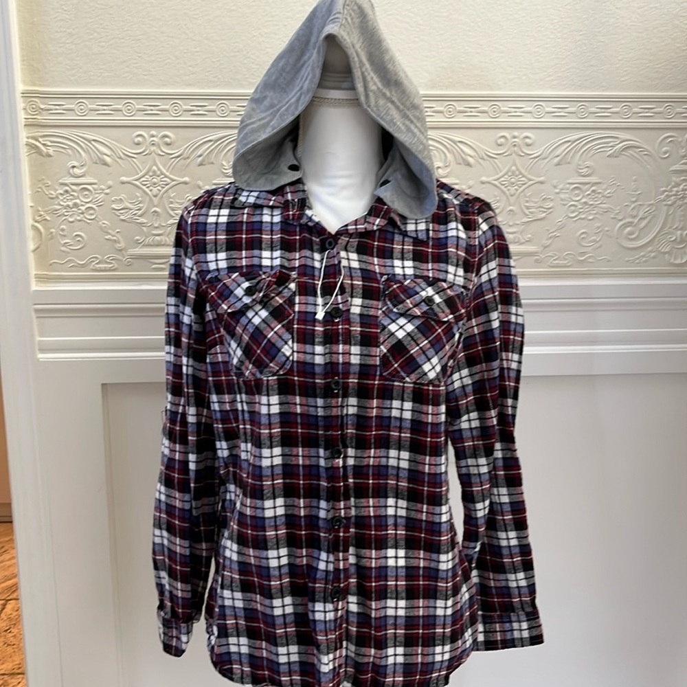Women's Plaid Fitted Hoodie Flannell button down Shirt sz L